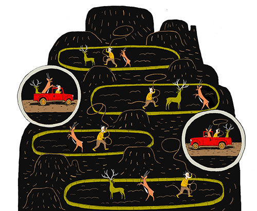 Illustration of red trucks and animals surrounded by dark hills